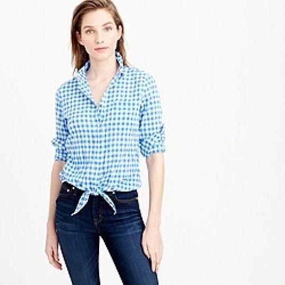 J. Crew blue white checkered gingham tie front boy shirt collared top size 6 - Picture 2 of 10